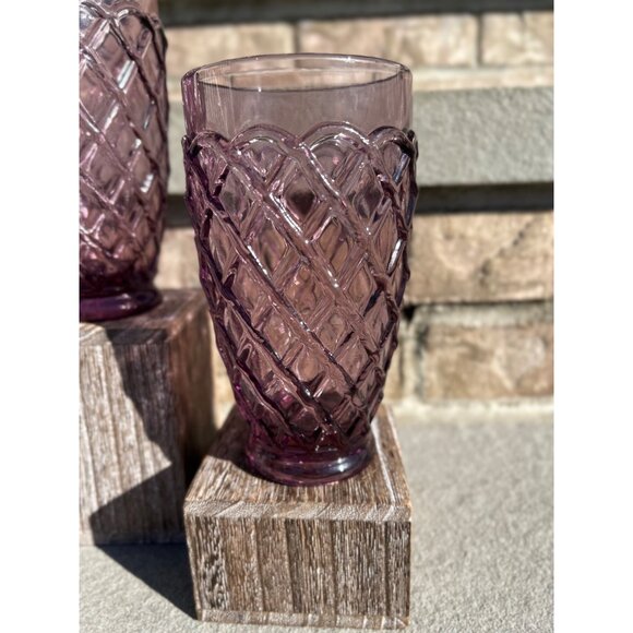 L.E. Smith Amethyst Laced Trellis Mid Century Glass Tumblers. - Picture 4 of 6